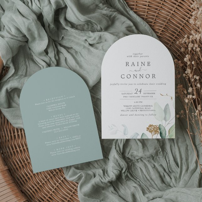 Airy Greenery Gold Leaf alle in einem Arch Wedding Einladung (Airy Greenery Gold Leaf All In One Arch Wedding Invitation)