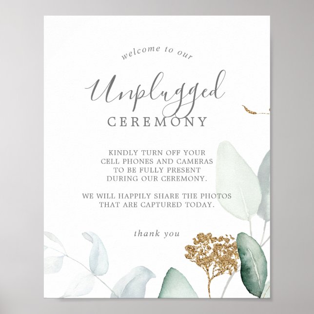 Airy Greenery & Gold Leaf Unplugged Ceremony Sign Poster (Vorne)