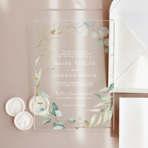Airy Greenery Gold Leaf White Boho Moderne Hochzei Acryleinladungen