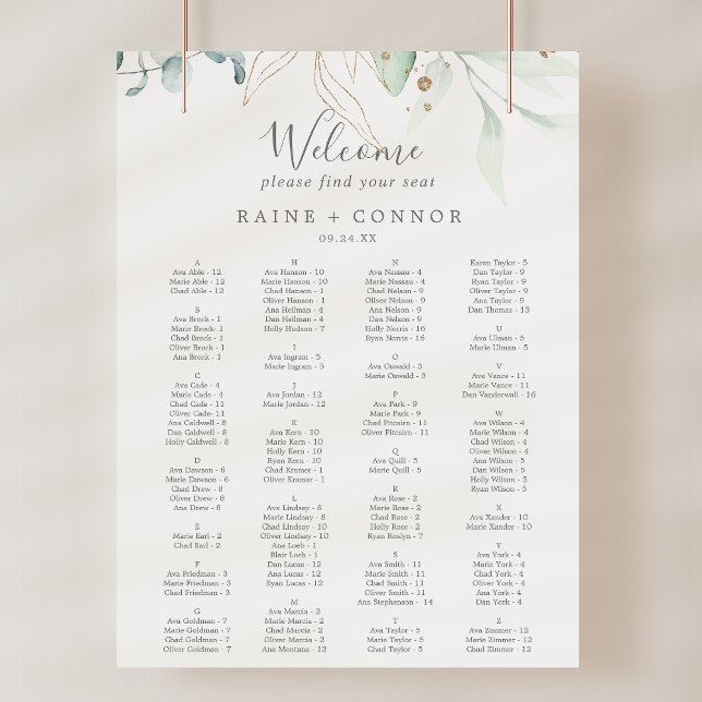 Airy Greenery Gold Wedding Seating Chart Template Poster (Airy Greenery Gold Wedding Seating Chart Template)