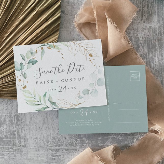 Airy Greenery Horizontal Save the Date Postcard Einladungspostkarte (Von Creator hochgeladen)