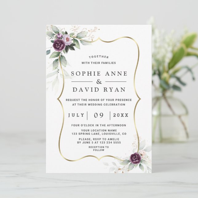 Airy Greenery Lila Pink Blume Gold Wedding Einladung (Stehend Vorderseite)