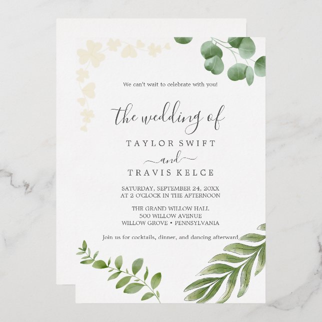 Airy Greenery | Pressed Gold Foil Leaf Wedding Folieneinladung (Vorderseite/Rückseite)