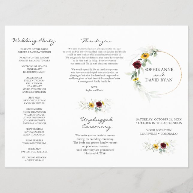Airy Greenery Sunflowers Burgundy Hochzeit im Herb Flyer (Vorne)