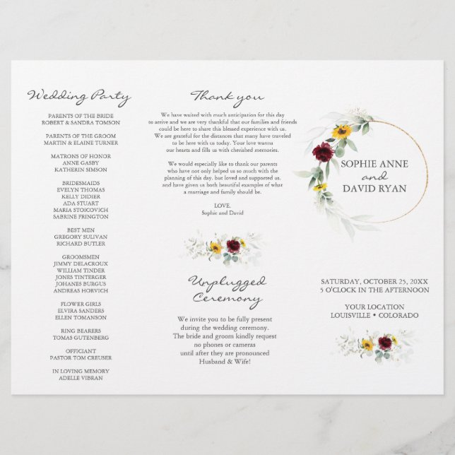 Airy Greenery Sunflowers Burgundy Hochzeit im Herb Flyer (Vorne)