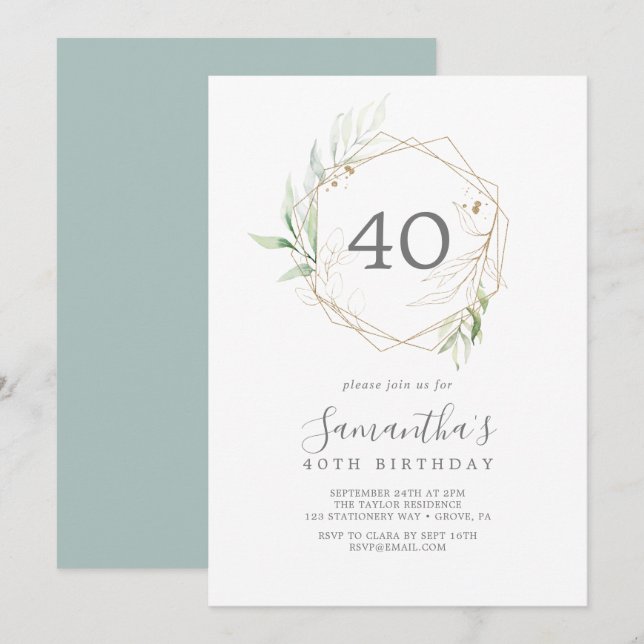 Airy Greenery und Gold Leaf 40. Geburtstag Einladung (Vorne/Hinten)