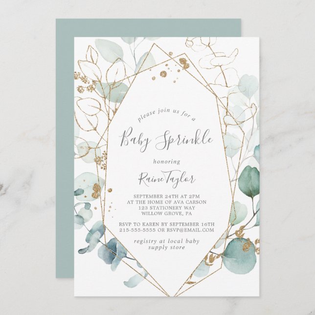 Airy Greenery und Gold Leaf Baby Sprinkle Einladung (Vorne/Hinten)