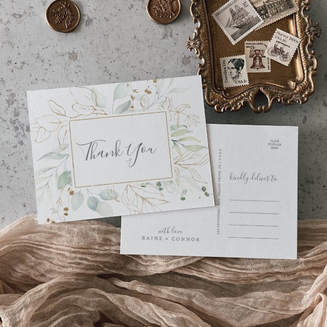 Airy Greenery und Gold Leaf Danke Postcard Postkarte (Von Creator hochgeladen)