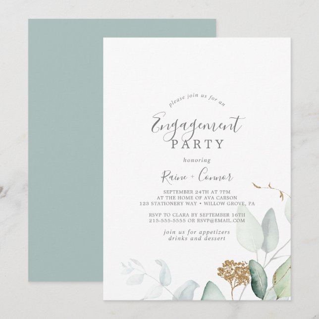 Airy Greenery und Gold Leaf Engagement Party Einladung (Vorne/Hinten)