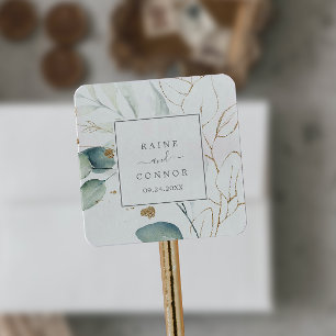 Airy Greenery und Gold Leaf Hochzeitsfeiern Umschl Quadratischer Aufkleber