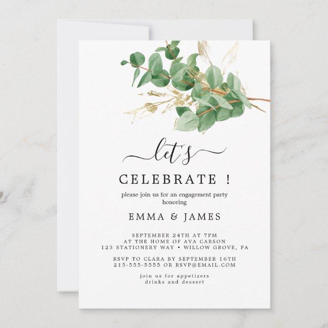 Airy Greenery und Gold Leaf "Let's Celebrate" Einladung (Vorderseite)