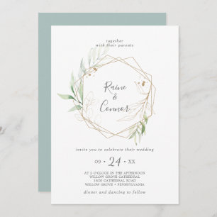 Airy Greenery und Gold Leaf Wreath Wedding Einladung