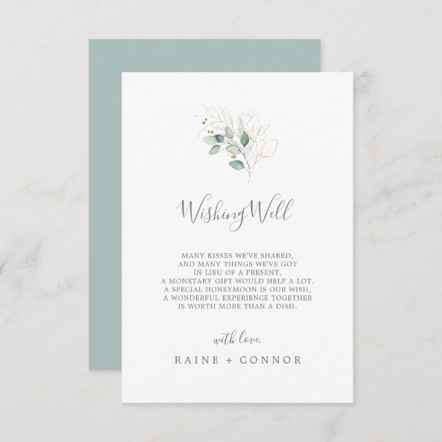 Airy Greenery und Gold Wedding Well Well Card Begleitkarte (Vorne/Hinten)