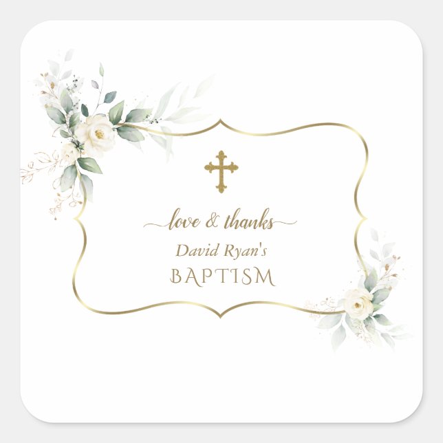 Airy Greenery White Blume Boy Christening Quadratischer Aufkleber (Vorderseite)