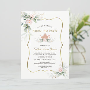 Airy Watercolor Pink Floral Gold Bridal Tee Party Einladung