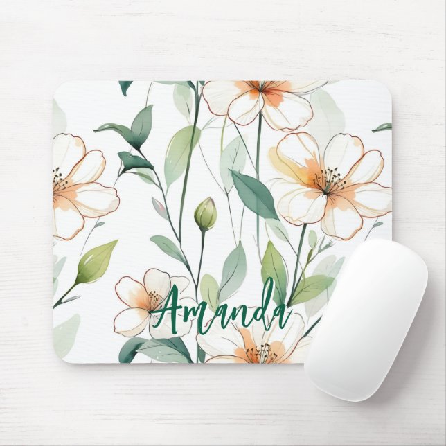 Airy White Flowers Greenery Pattern Blossom Floral Mousepad (Mit Mouse)