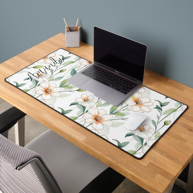 Airy White Flowers Greenery Pattern Blossom Floral Schreibtischunterlage (Büro 2)