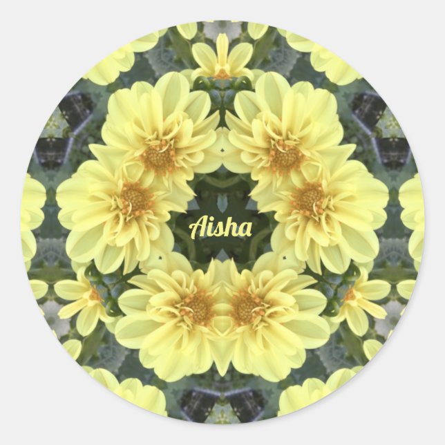 AISHA ~ EASTER DAHLIAS YELLOW RELIGIOU ~ RUNDER AUFKLEBER (Vorderseite)