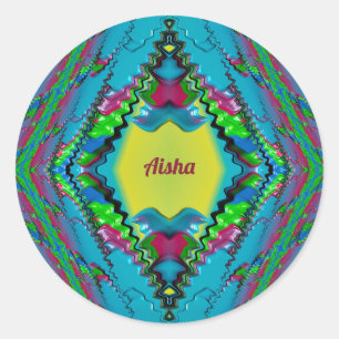 AISHA ~ Schwarz Pink Blau und Gelbe Fraktale ~ Kla Runder Aufkleber