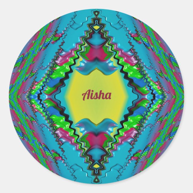 AISHA ~ Schwarz-Rosa-Blau-Gelb-Fraktal ~ Klasse Runder Aufkleber (Vorderseite)