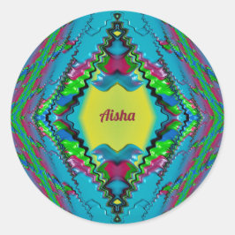 AISHA ~ Schwarz-Rosa-Blau-Gelb-Fraktal ~ Klasse Runder Aufkleber