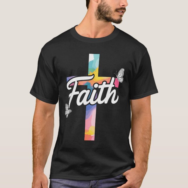 Aith Cross With Butterflies Christian  T-Shirt (Vorderseite)