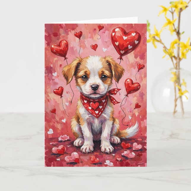 Akbash Valentinstag Hund sitzt mit Herzen Rot Karte (Gelbe Blume)