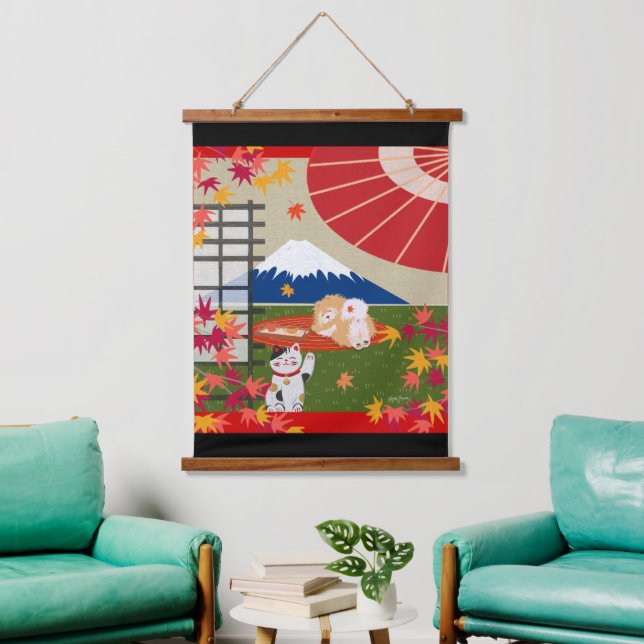 AKI Chow Wood Topped Wall Tapestry Wandteppich Mit Holzrahmen (Wohnzimmer)
