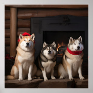 Akita am Kamin Weihnachten Poster