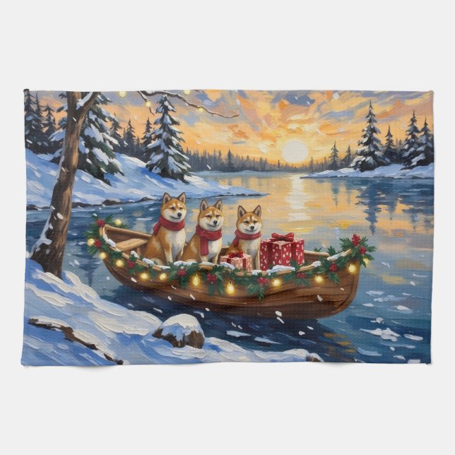 Akita Christmas Boat Holiday Geschirrtuch (Horizontal)