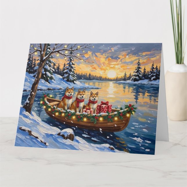 Akita Christmas Boat Holiday Karte (Vorderseite)