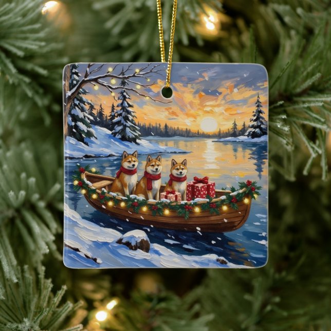 Akita Christmas Boat Holiday Keramikornament (Baum)