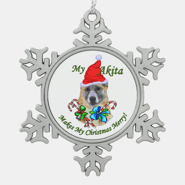 Akita Christmas Merry Schneeflocken Zinn-Ornament (Vorderseite)