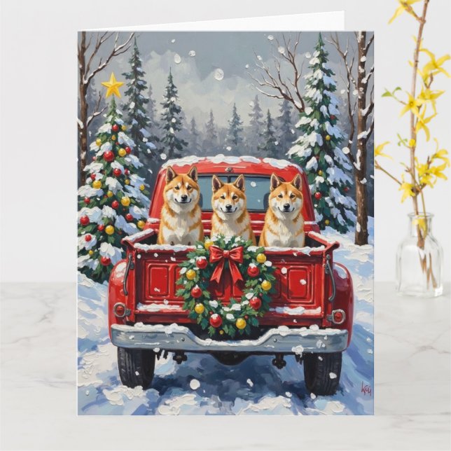Akita Christmas Red Truck Holiday Karte (Gelbe Blume)