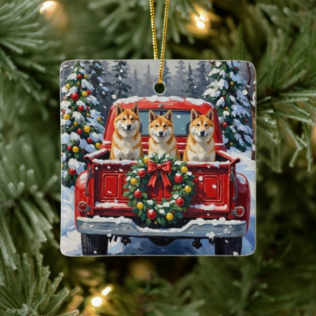 Akita Christmas Red Truck Holiday Keramikornament (Baum)