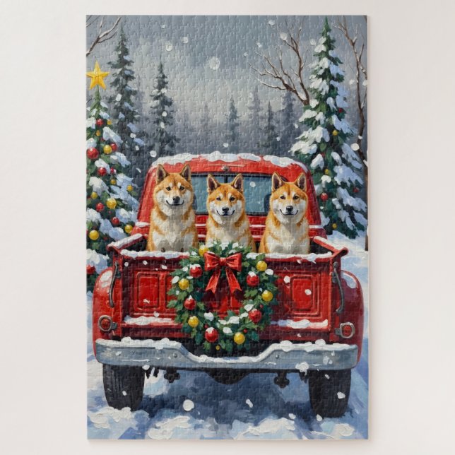 Akita Christmas Red Truck Holiday Puzzle (Vertikal)