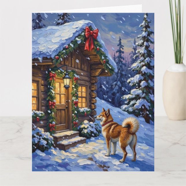 Akita Dog Christmas Log Cabin Holiday Karte (Vorderseite)