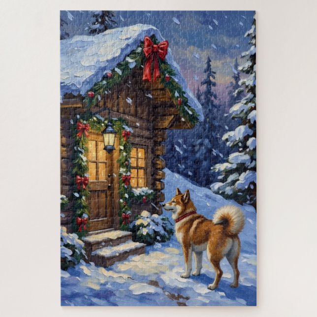 Akita Dog Christmas Log Cabin Holiday Puzzle (Vertikal)