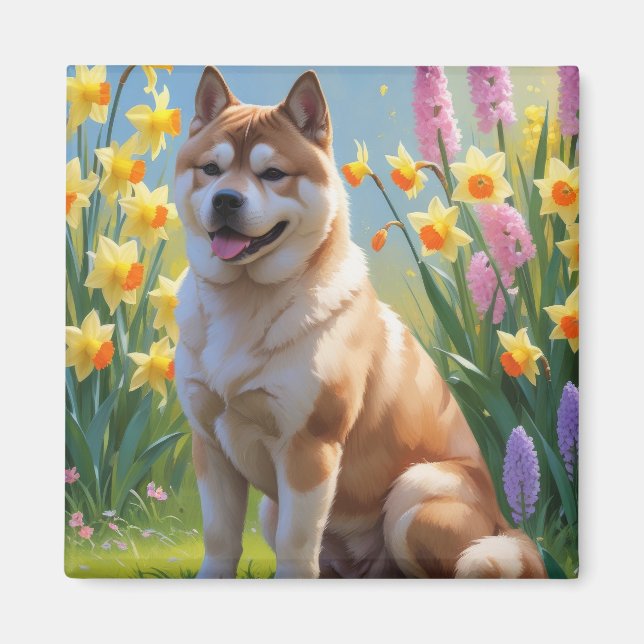 Akita Dog Frühlingsblumen Malerei Magnet (Vorne)