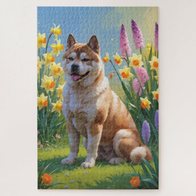 Akita Dog Frühlingsblumen Malerei Puzzle (Vertikal)