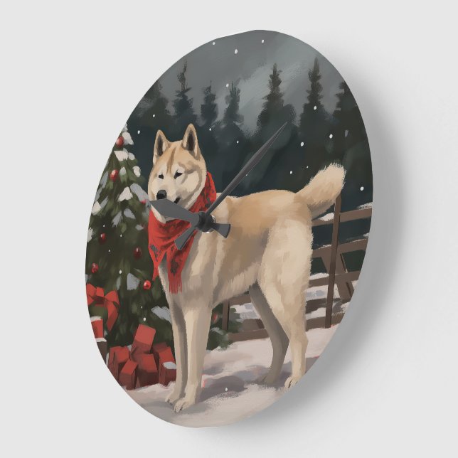 Akita Dog in Schnee Weihnachten Große Wanduhr (Winkel)