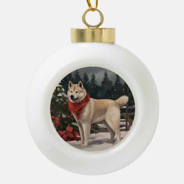 Akita Dog in Schnee Weihnachten Keramik Kugel-Ornament (Vorderseite)