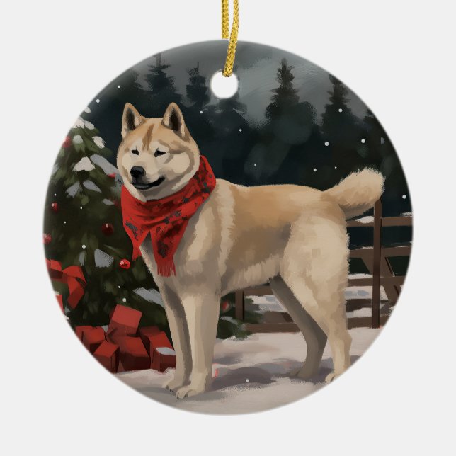 Akita Dog in Schnee Weihnachten Keramik Ornament (Vorne)