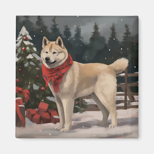 Akita Dog in Schnee Weihnachten Magnet (Vorne)
