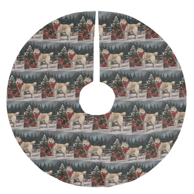 Akita Dog in Schnee Weihnachten Polyester Weihnachtsbaumdecke (Vorderseite)