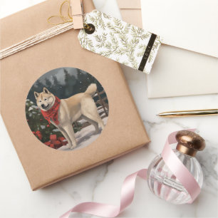 Akita Dog in Schnee Weihnachten Runder Aufkleber