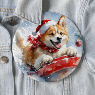 Akita Dog in Sledge Lass es Schnee Weihnachten Button
