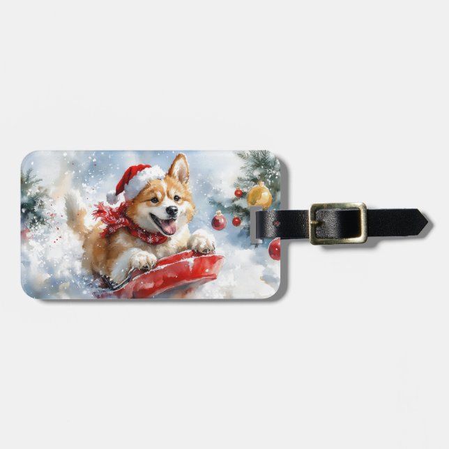 Akita Dog in Sledge Lass es Schnee Weihnachten Gepäckanhänger (Vorderseite horizontal)