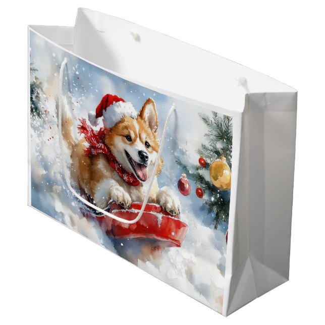 Akita Dog in Sledge Lass es Schnee Weihnachten Große Geschenktüte (Vorderseite Schrägansicht)