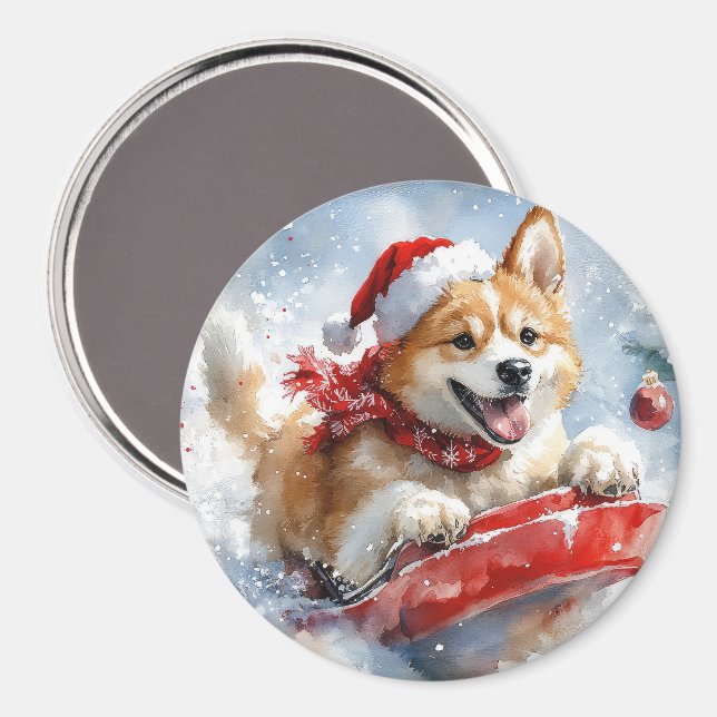 Akita Dog in Sledge Lass es Schnee Weihnachten Magnet (Vorderseite/Rückseite)